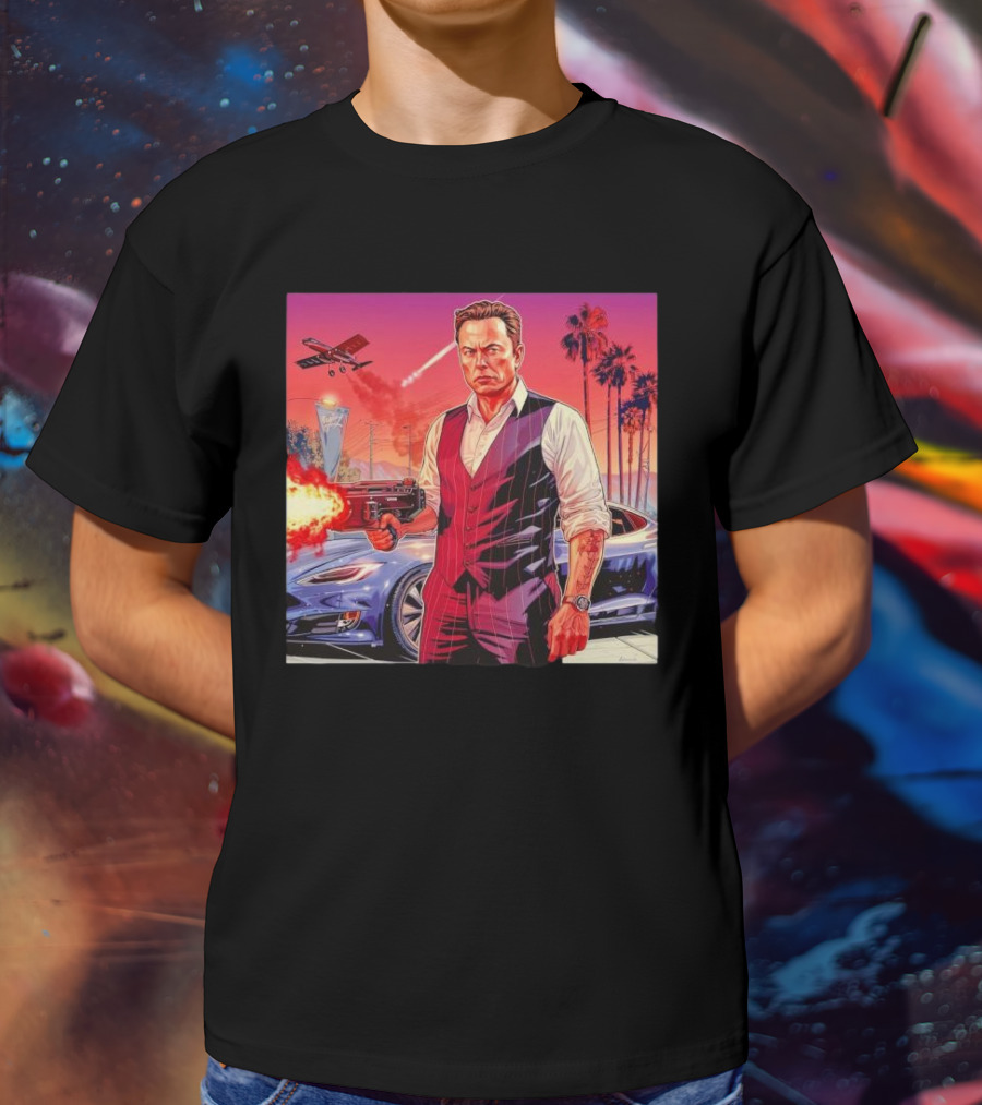 Grand Theft Auto Elon Musk Sunset Shootout With Palm Trees And Jetstream T-Shirt