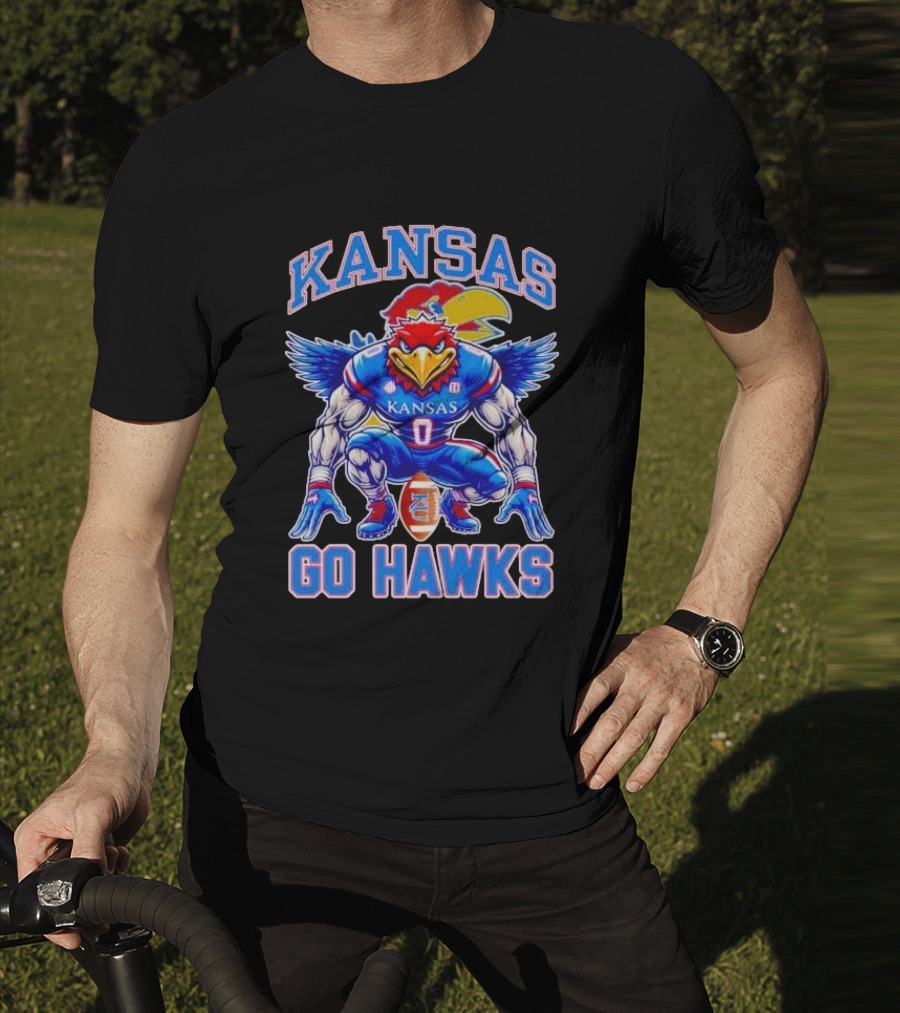 Kansas Jayhawks Go Hawks Fierce Mascot Football T-Shirt