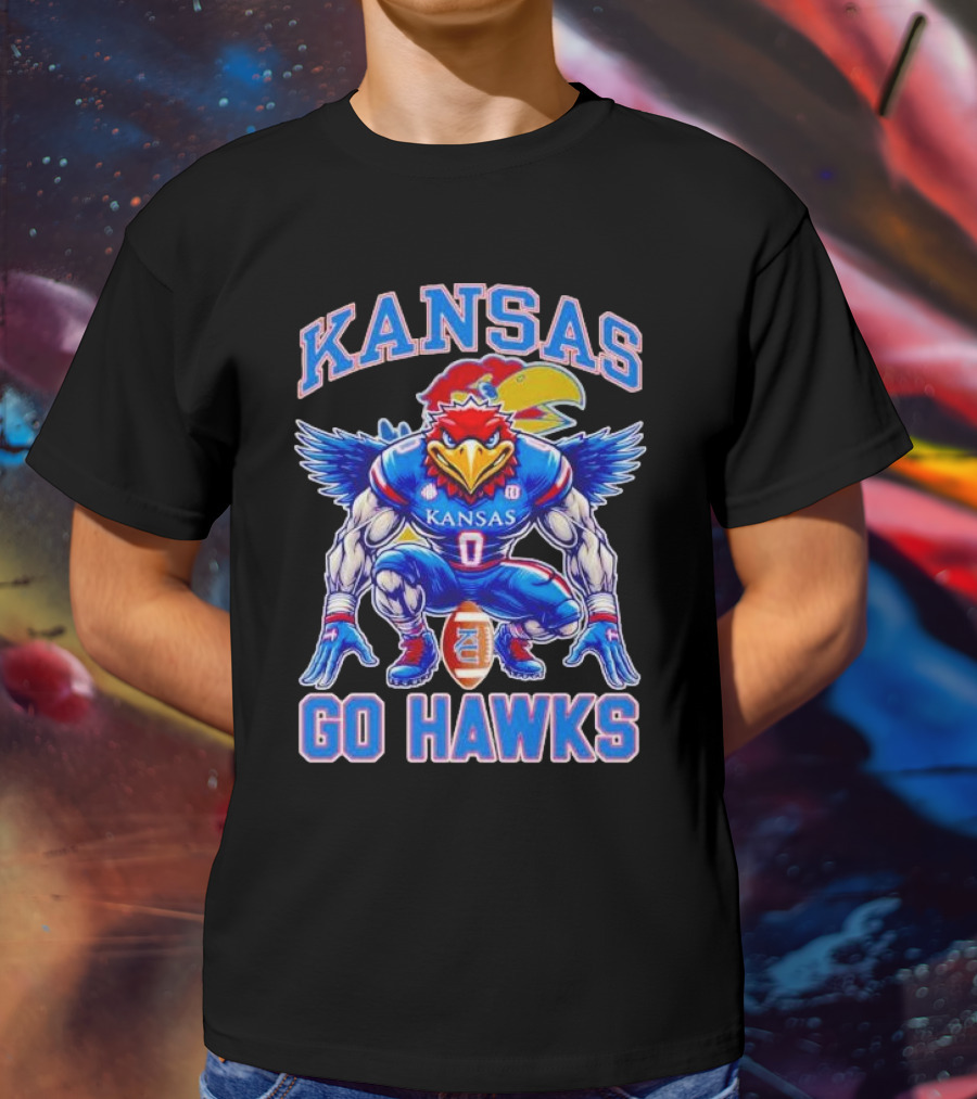 Kansas Jayhawks Go Hawks Fierce Mascot Football T-Shirt