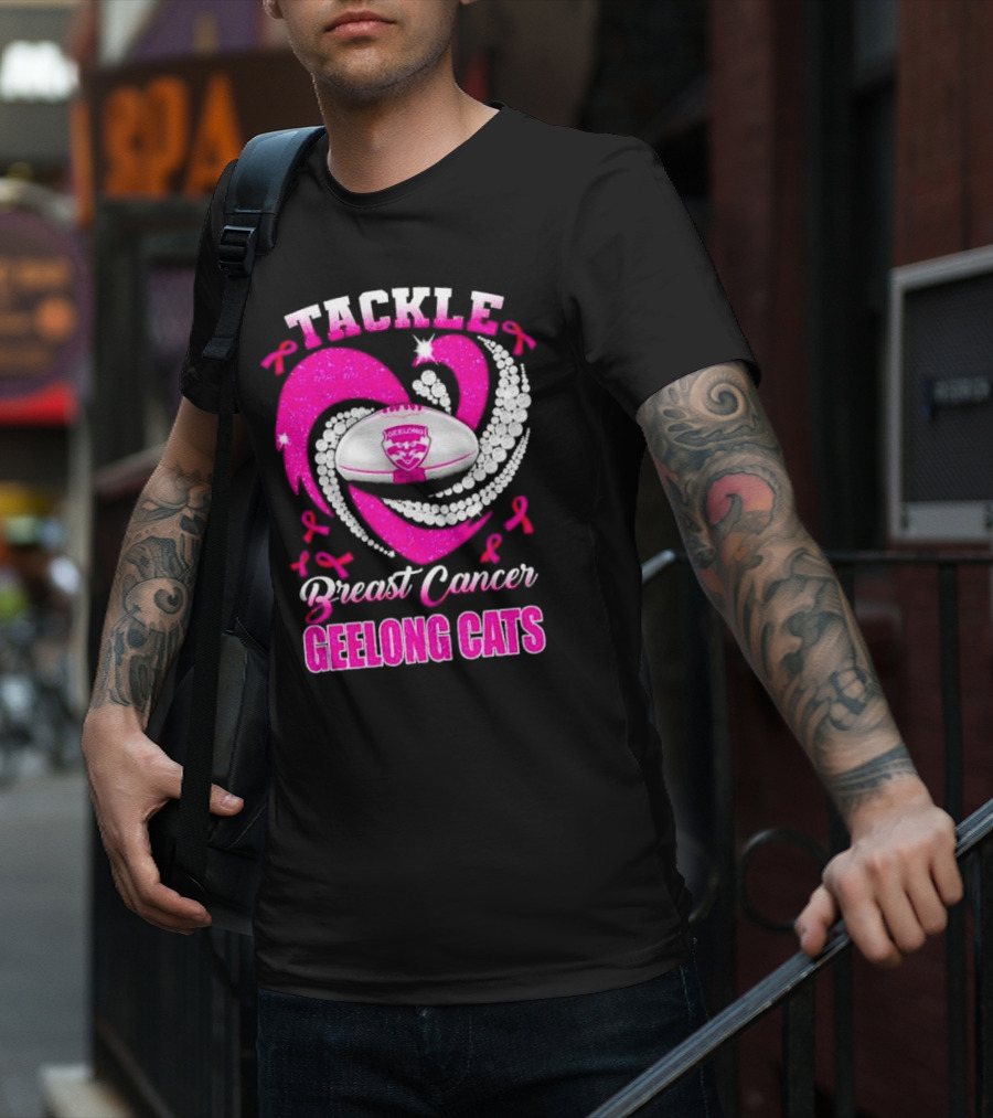 Tackle Breast Cancer Geelong Cats Pink Ribbon Football Heart T-Shirt