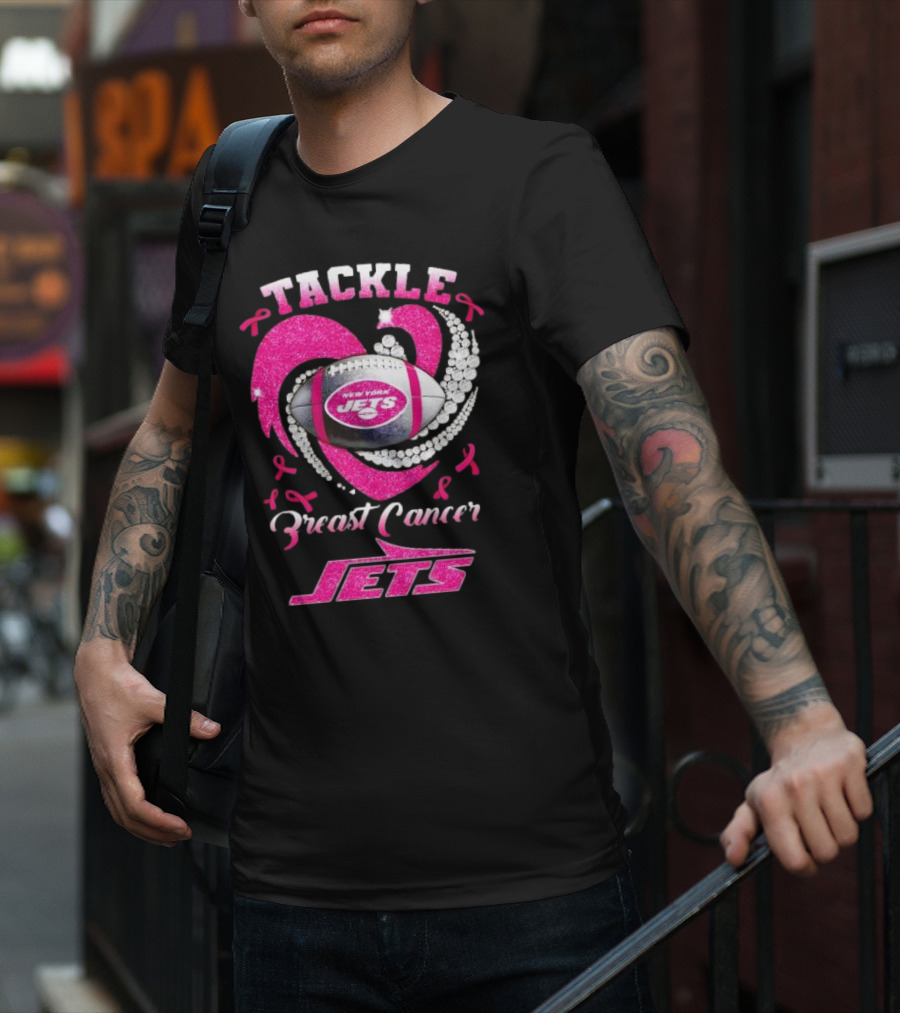 Tackle Breast Cancer New York Jets Football Heart Pink Ribbons T-Shirt