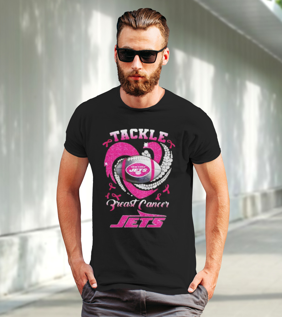 Tackle Breast Cancer New York Jets Football Heart Pink Ribbons T-Shirt