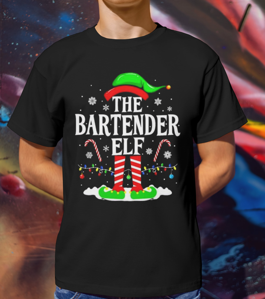 The Bartender Elf Christmas Candy Canes Festive Lights And Snowflakes T-Shirt