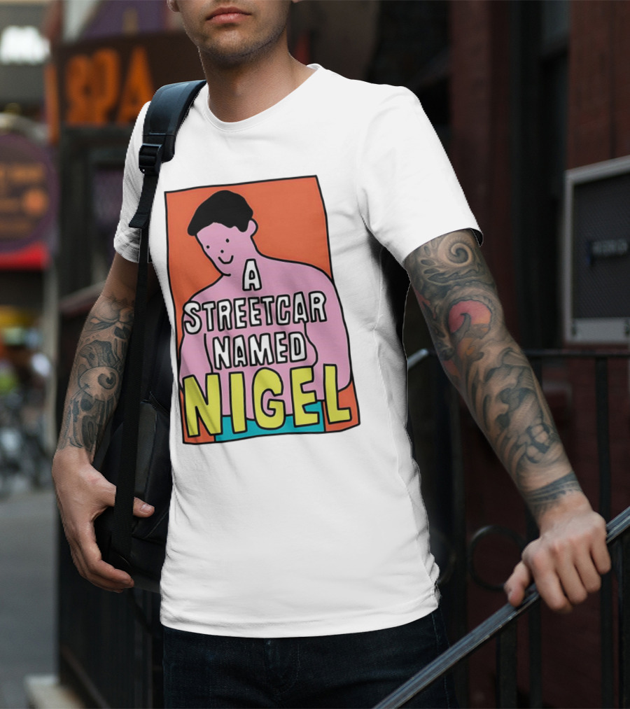 A Streetcar Named Nigel Pink Cartoon Character With Orange Background T-Shirt