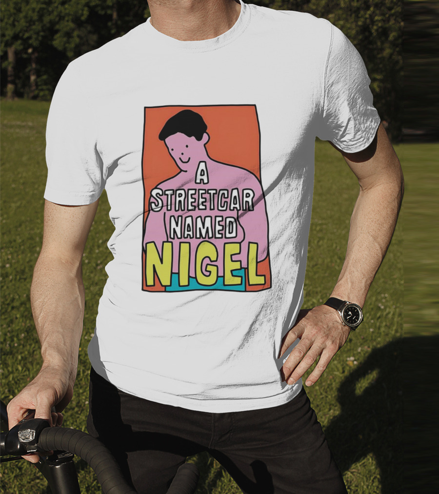 A Streetcar Named Nigel Pink Cartoon Character With Orange Background T-Shirt