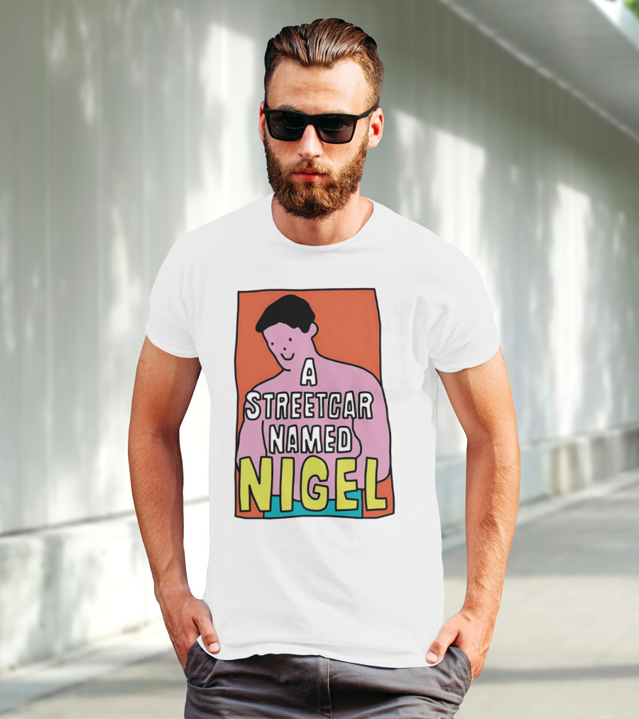 A Streetcar Named Nigel Pink Cartoon Character With Orange Background T-Shirt
