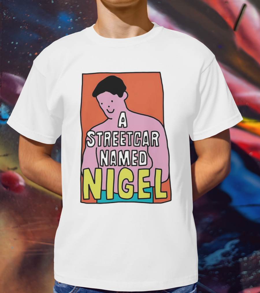 A Streetcar Named Nigel Pink Cartoon Character With Orange Background T-Shirt