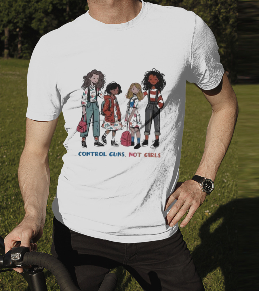 CONTROL GUNS NOT GIRLS WITH FOUR DIVERSE GIRLS HOLDING BACKPACKS T-Shirt