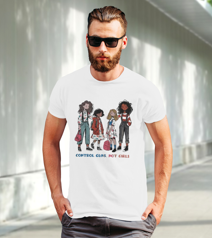 CONTROL GUNS NOT GIRLS WITH FOUR DIVERSE GIRLS HOLDING BACKPACKS T-Shirt