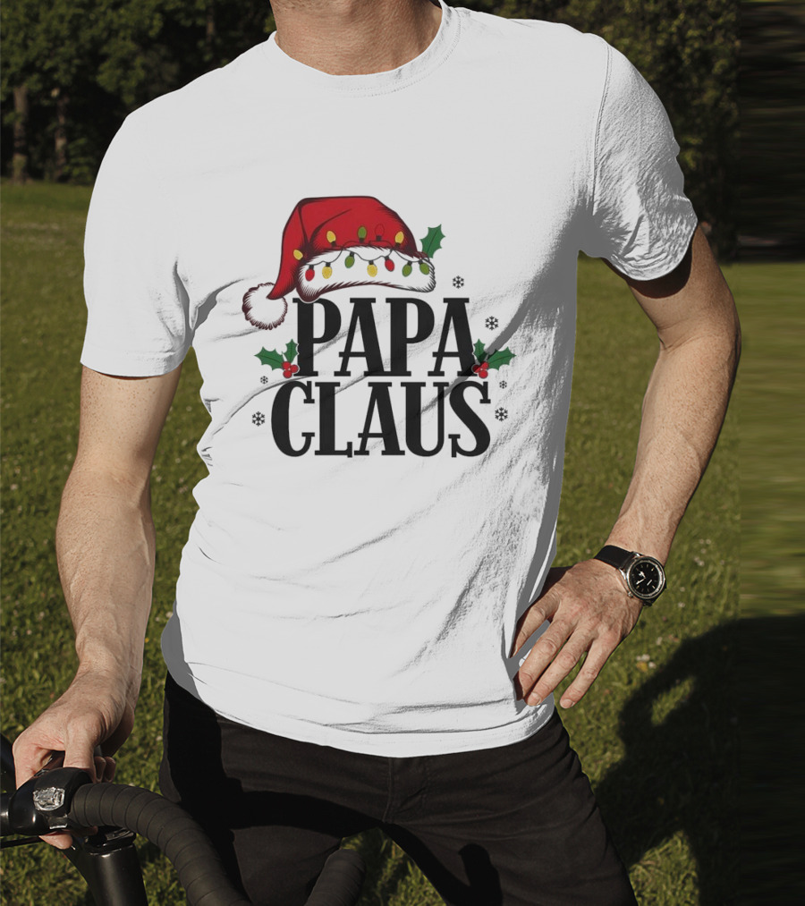 Papa Claus Christmas Santa Hat Holly Lights Snowflakes T-Shirt