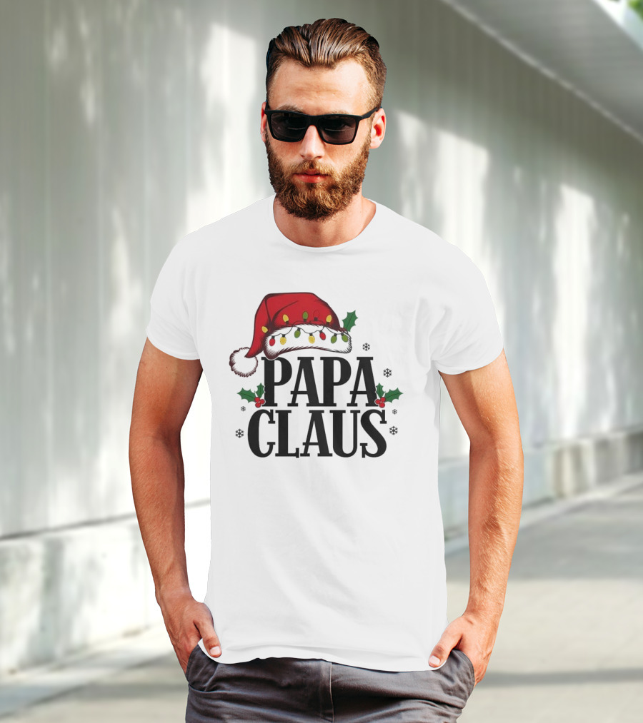 Papa Claus Christmas Santa Hat Holly Lights Snowflakes T-Shirt