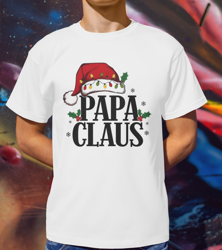 Papa Claus Christmas Santa Hat Holly Lights Snowflakes T-Shirt