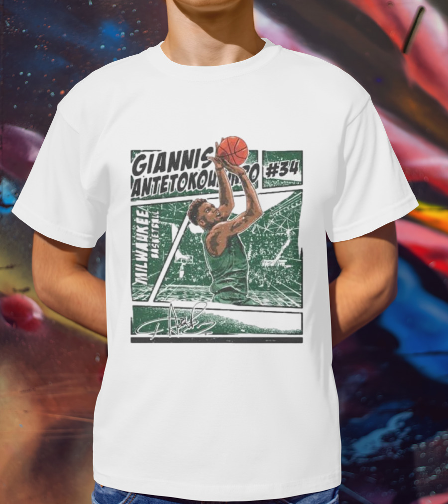 Giannis Antetokounmpo Milwaukee Basketball Signature #34 Comic T-Shirt