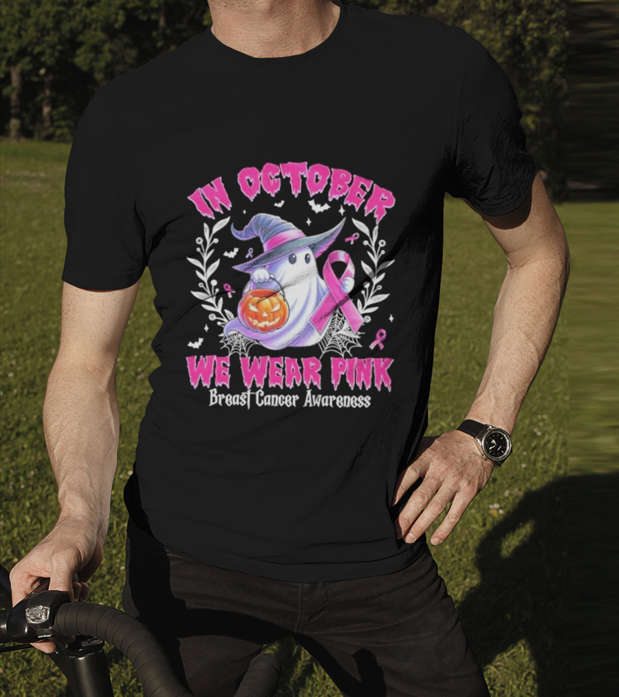 In October We Wear Pink Breast Cancer Awareness Ghost With Pumpkin And Witch Hat T-Shirt