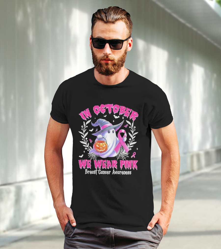 In October We Wear Pink Breast Cancer Awareness Ghost With Pumpkin And Witch Hat T-Shirt