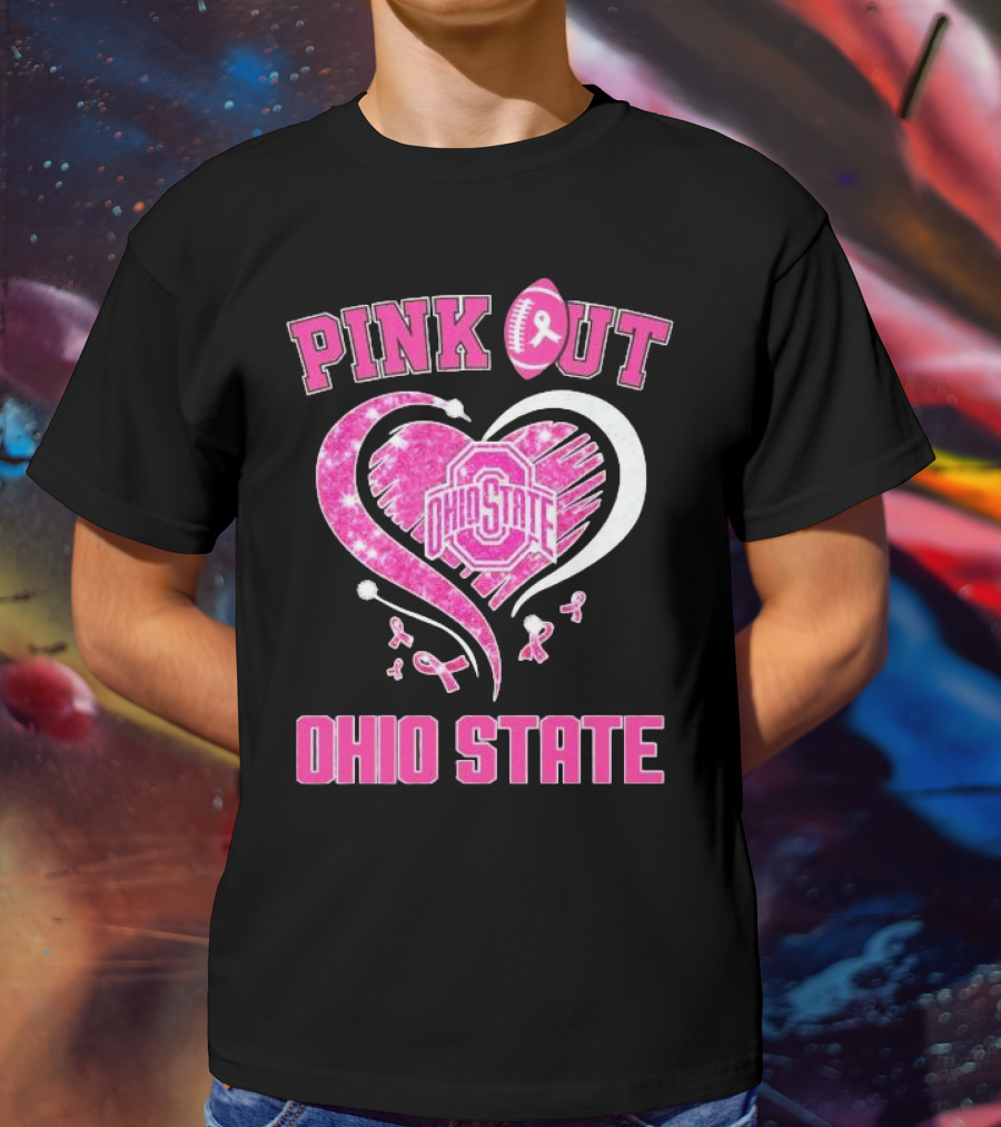 Ohio State Pink Out Breast Cancer Heart Football T-Shirt