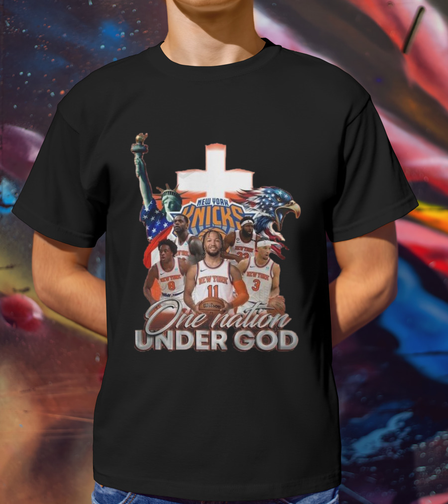 New York Knicks One Nation Under God Statue Of Liberty American Eagle Basketball Players T-Shirt