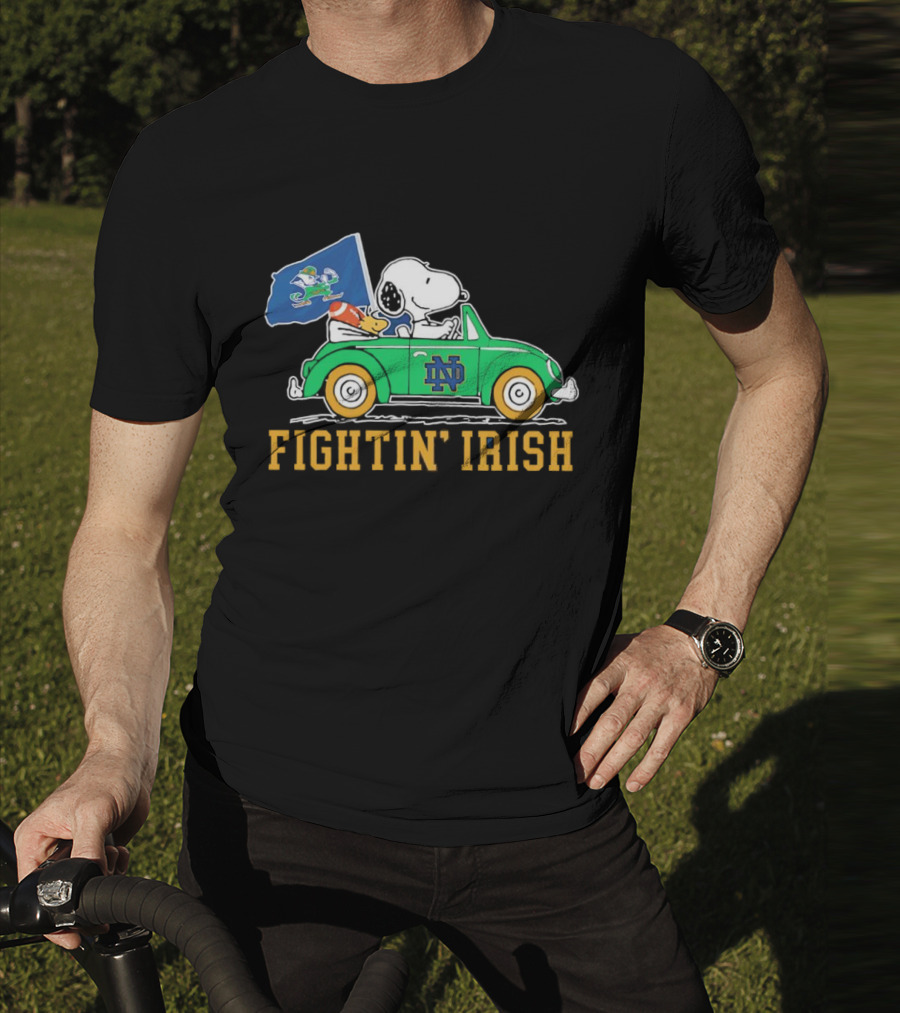 Snoopy And Woodstock Driving ND Car Fightin' Irish T-Shirt
