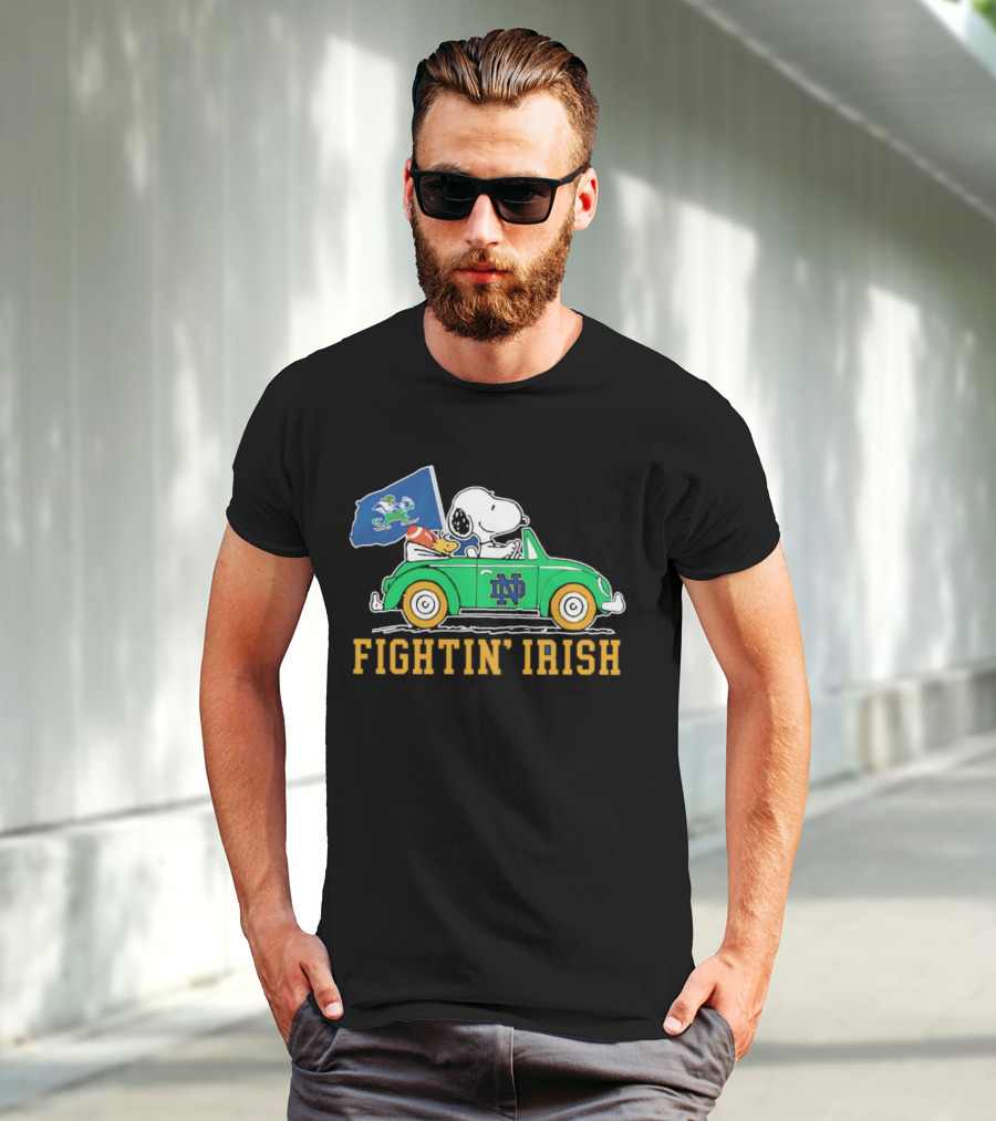 Snoopy And Woodstock Driving ND Car Fightin' Irish T-Shirt