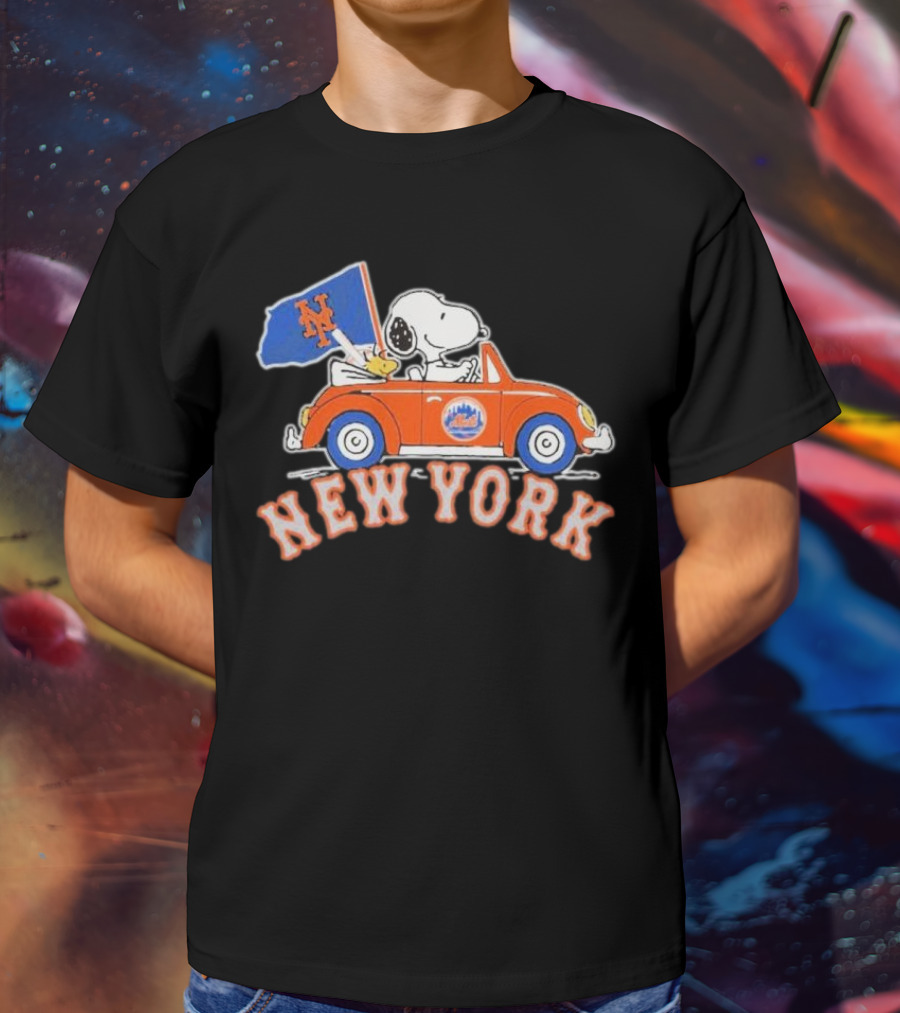 Snoopy Driving Car With New York Mets Flag T-Shirt