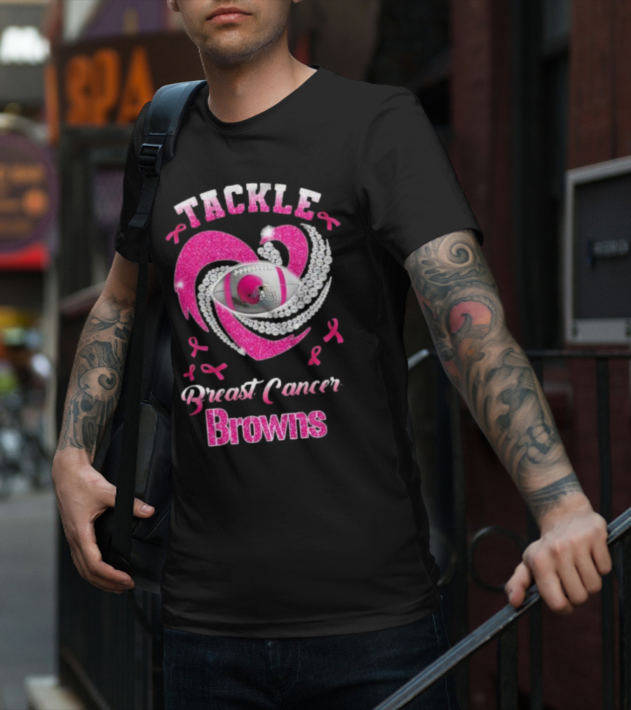 Tackle Breast Cancer Browns Pink Ribbon Football T-Shirt