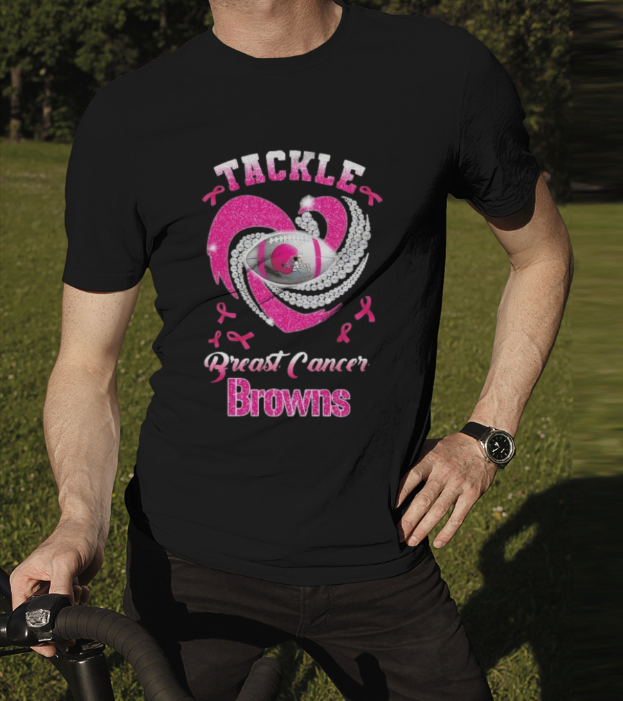 Tackle Breast Cancer Browns Pink Ribbon Football T-Shirt