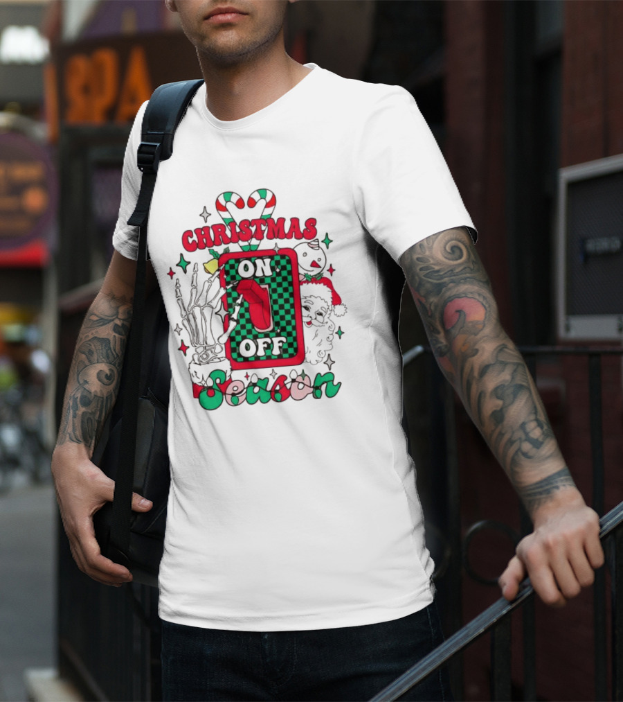 Christmas Season On Off Skeleton Hand Santa Claus T-Shirt