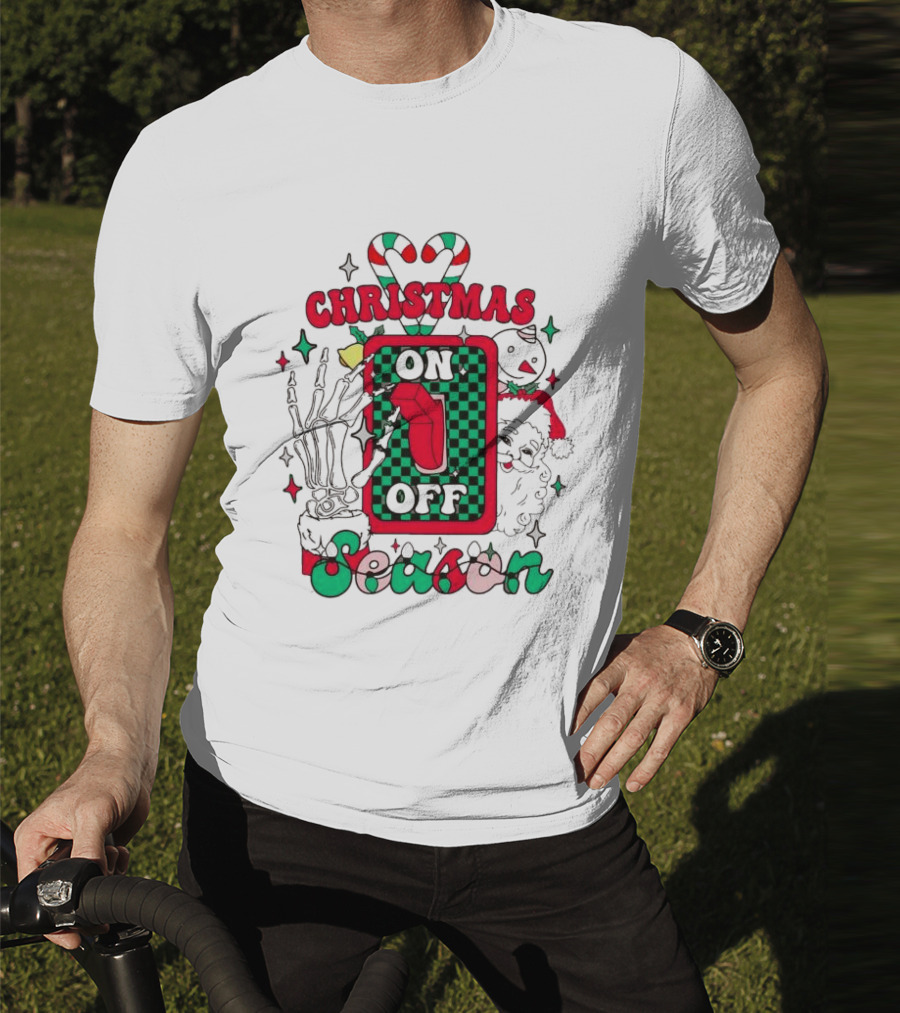 Christmas Season On Off Skeleton Hand Santa Claus T-Shirt