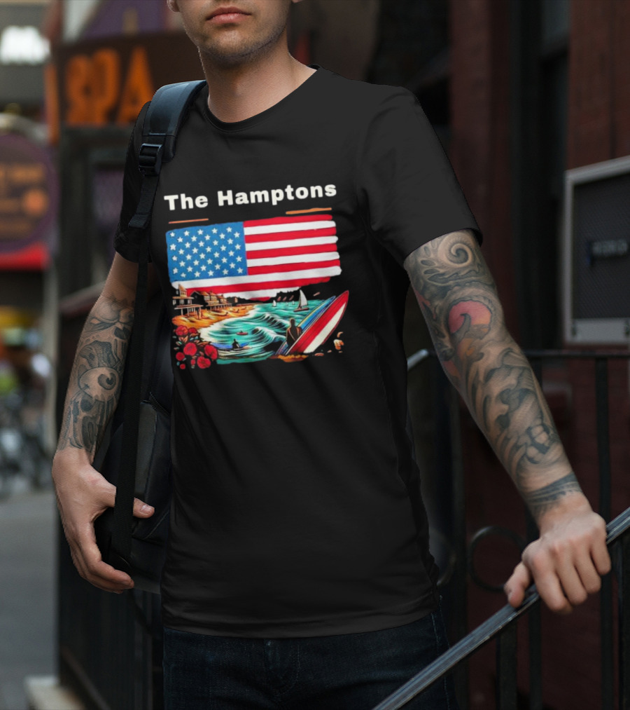 The Hamptons American Flag Beach Oceanside Surfing Scene T-Shirt