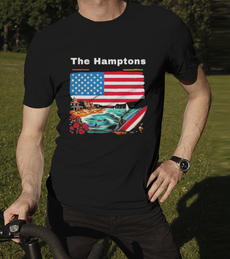 The Hamptons American Flag Beach Oceanside Surfing Scene T-Shirt