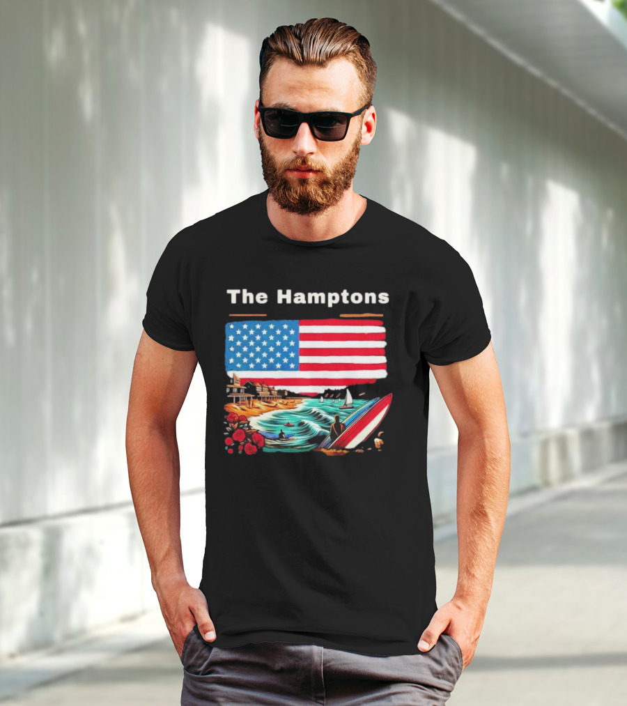 The Hamptons American Flag Beach Oceanside Surfing Scene T-Shirt