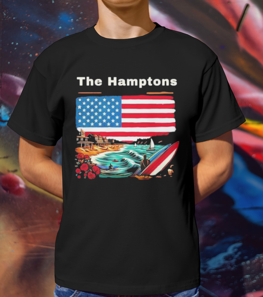 The Hamptons American Flag Beach Oceanside Surfing Scene T-Shirt