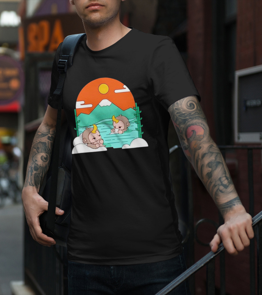 The Tranquil Monkey Hot Spring Relaxation Scene With Mountains And Sun T-Shirt