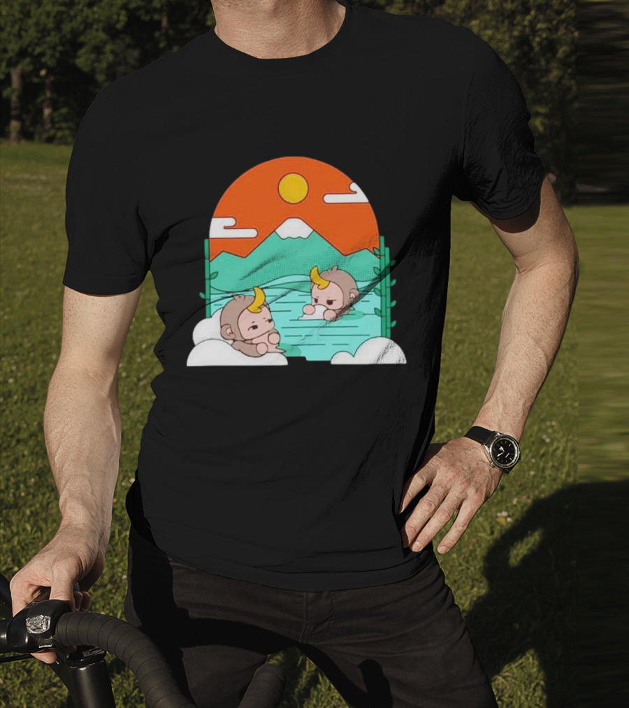 The Tranquil Monkey Hot Spring Relaxation Scene With Mountains And Sun T-Shirt