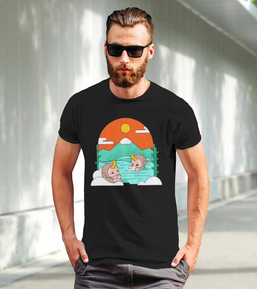The Tranquil Monkey Hot Spring Relaxation Scene With Mountains And Sun T-Shirt