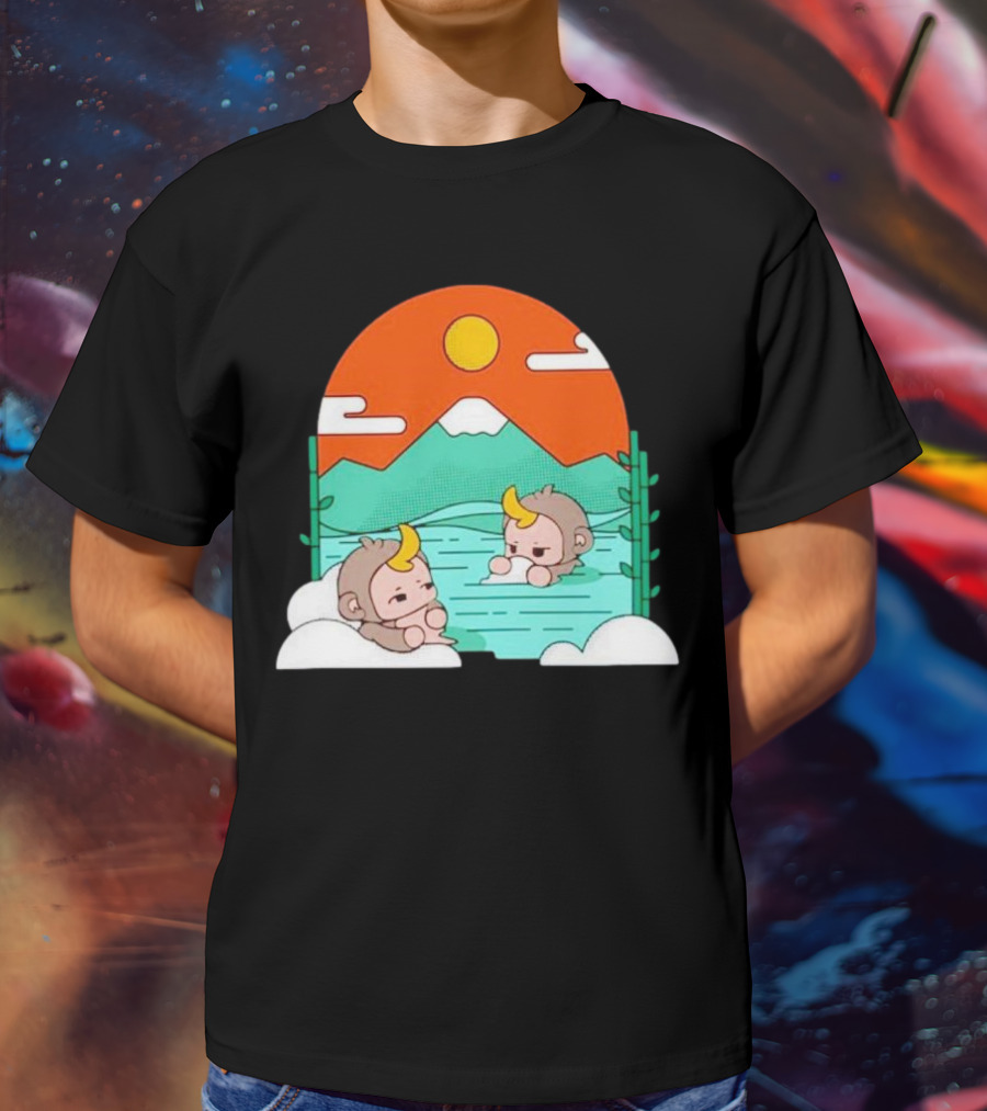 The Tranquil Monkey Hot Spring Relaxation Scene With Mountains And Sun T-Shirt