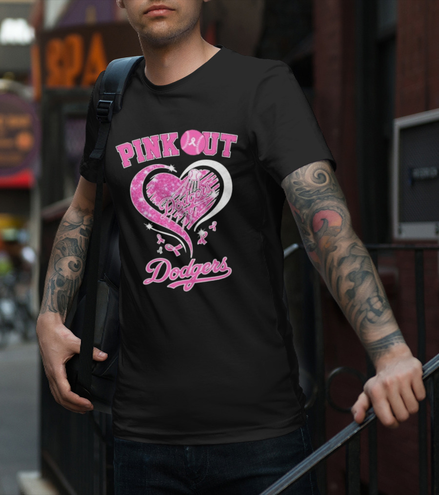 Pink Out Dodgers Heart Breast Cancer Los Angeles T-Shirt