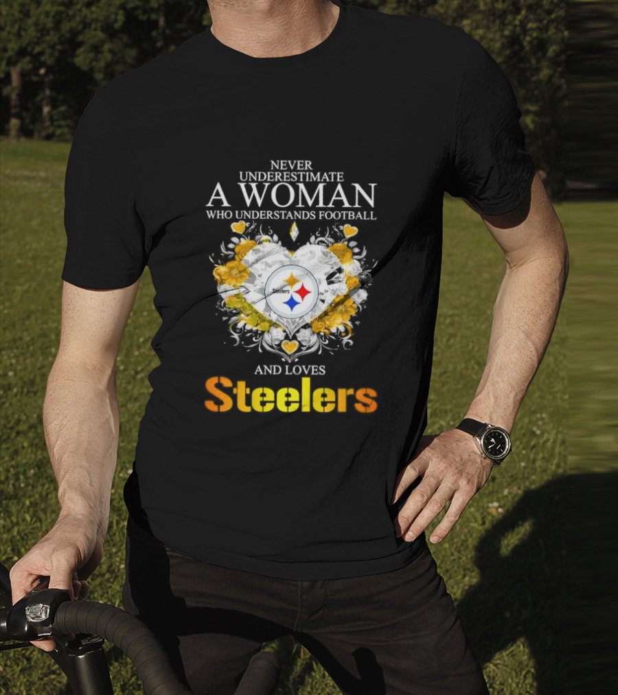 Never Underestimate A Woman Who Understands Football And Loves Steelers Crystal Heart T-Shirt