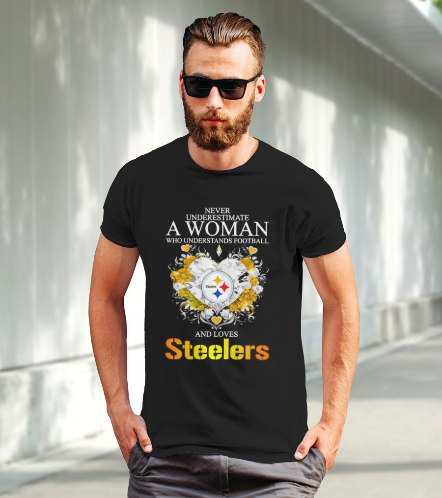Never Underestimate A Woman Who Understands Football And Loves Steelers Crystal Heart T-Shirt