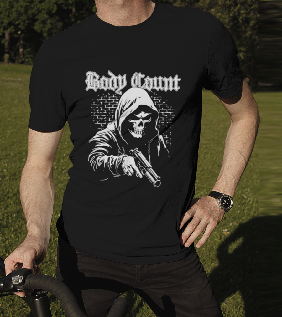 Body Count Hooded Skull With Gun Brick Wall Background T-Shirt