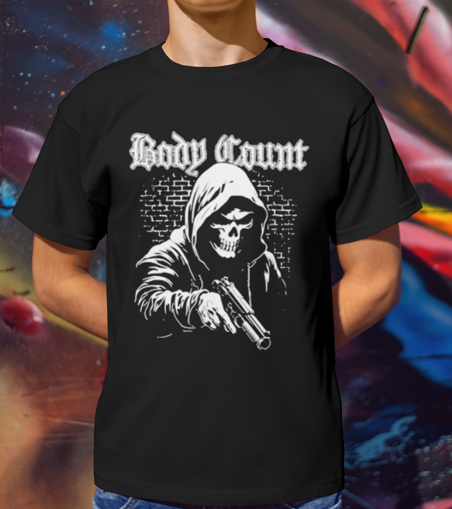 Body Count Hooded Skull With Gun Brick Wall Background T-Shirt