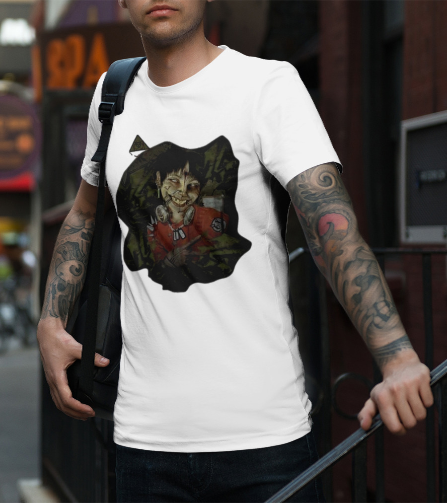 MG Ultra Kid Smiling Masked Figure With Red Outfit And Gas Mask Elements T-Shirt