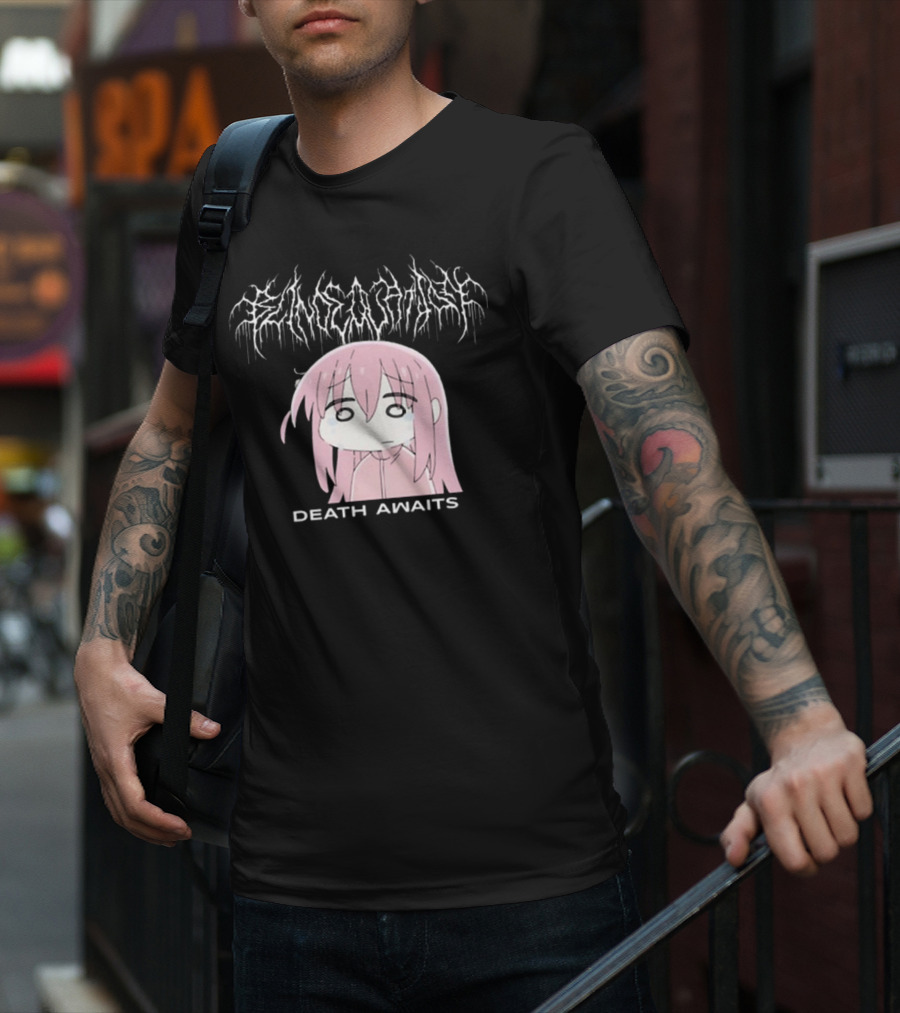 Bejalvin Death Awaits Pink Anime Character With Metal Band Style Lettering T-Shirt