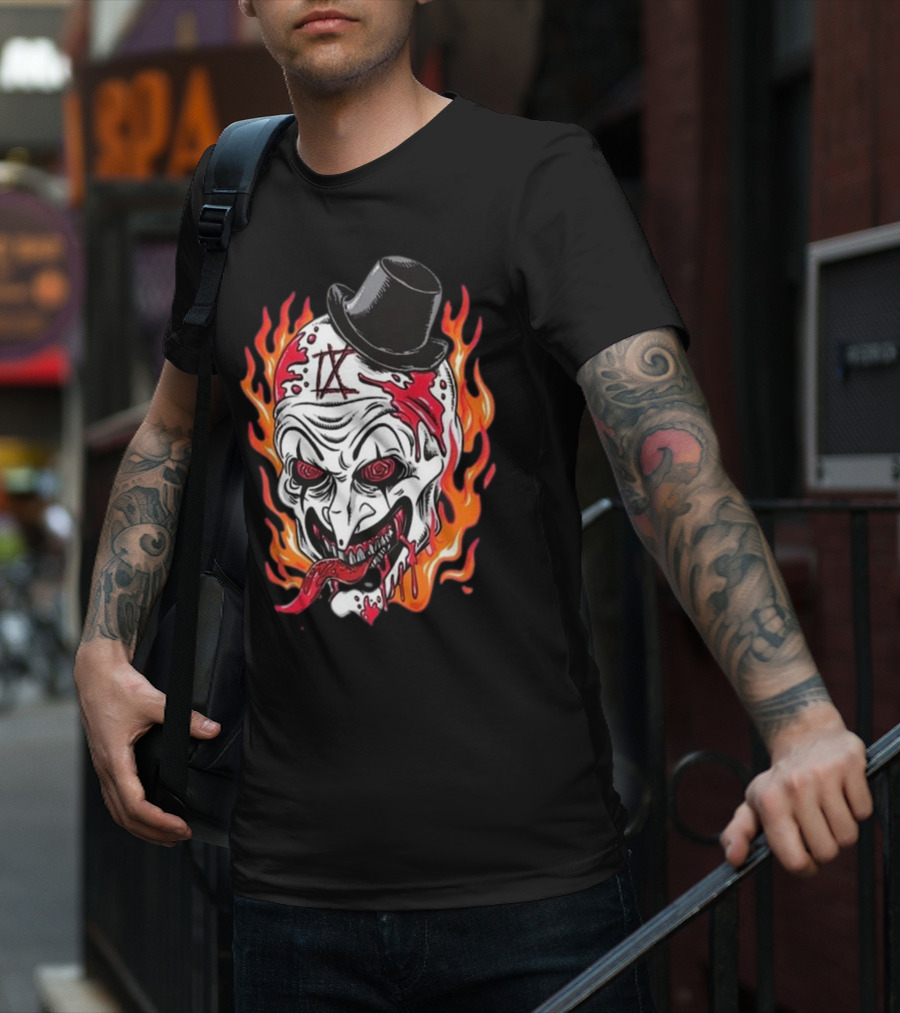 Psychos Only Art Will Never Die Flaming Skull Top Hat T-Shirt
