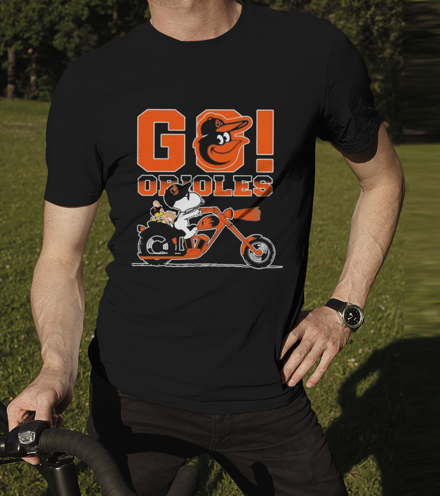 Baltimore Orioles Snoopy And Woodstock Ride Motorcycle Go Orioles T-Shirt