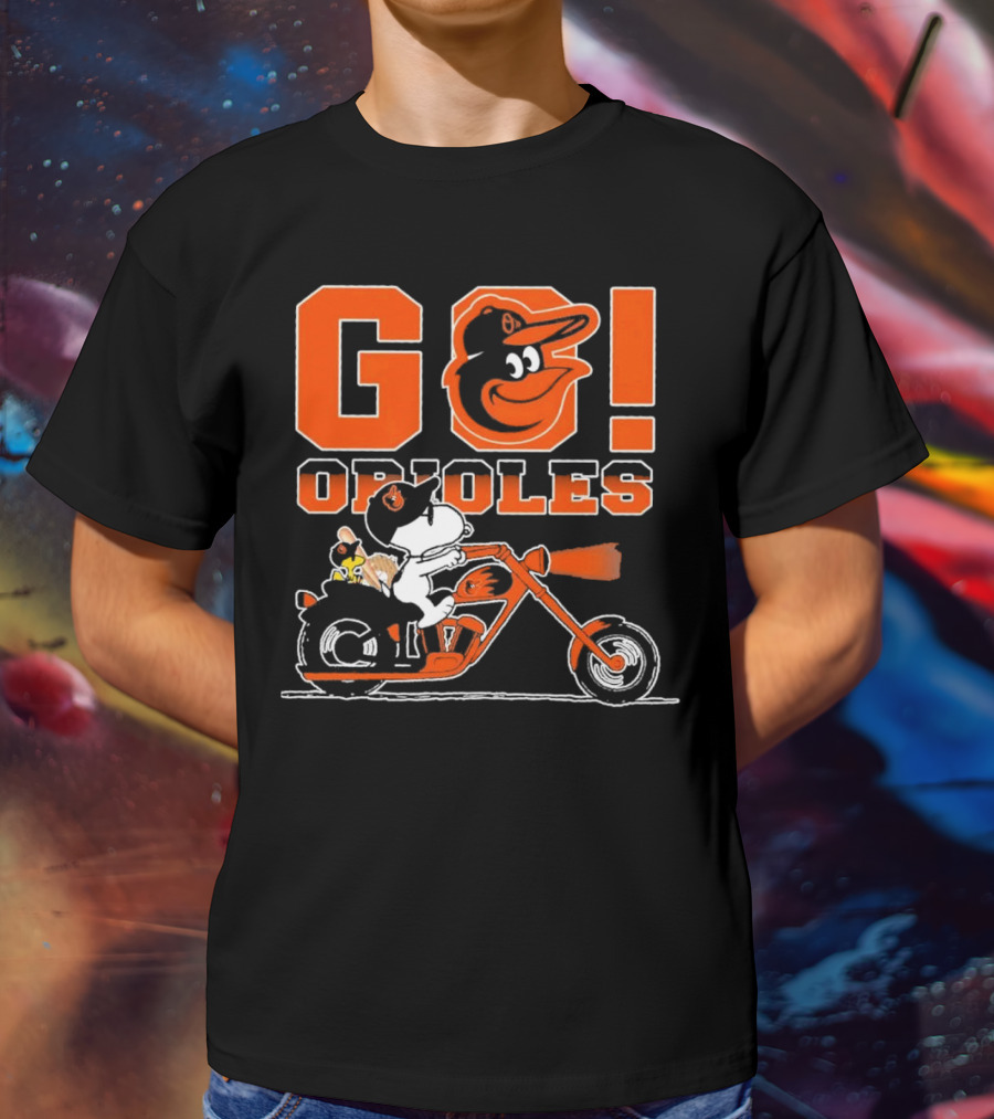 Baltimore Orioles Snoopy And Woodstock Ride Motorcycle Go Orioles T-Shirt