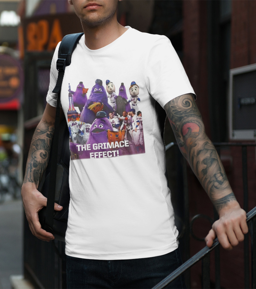 New York Mets The Grimace Effect Baseball Collaboration With Mascot Imagery And Player Interaction T-Shirt