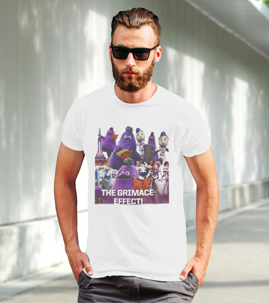 New York Mets The Grimace Effect Baseball Collaboration With Mascot Imagery And Player Interaction T-Shirt