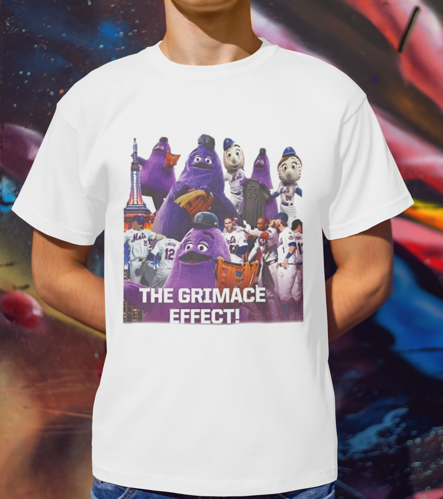 New York Mets The Grimace Effect Baseball Collaboration With Mascot Imagery And Player Interaction T-Shirt