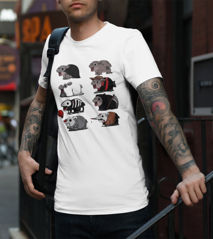 Scary Hippo Moo Deng In Horror Iconic Film Characters T-Shirt
